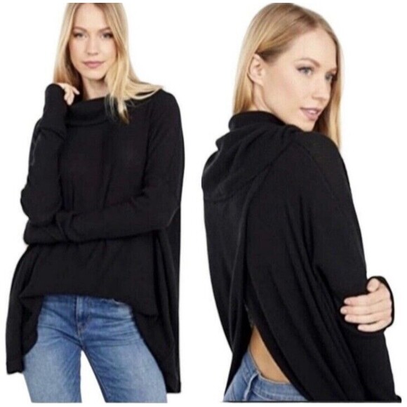 Free People Top Juicy Long Sleeve Size M oversized BLACK NWT Waffle Knit Cowl - Picture 2 of 10